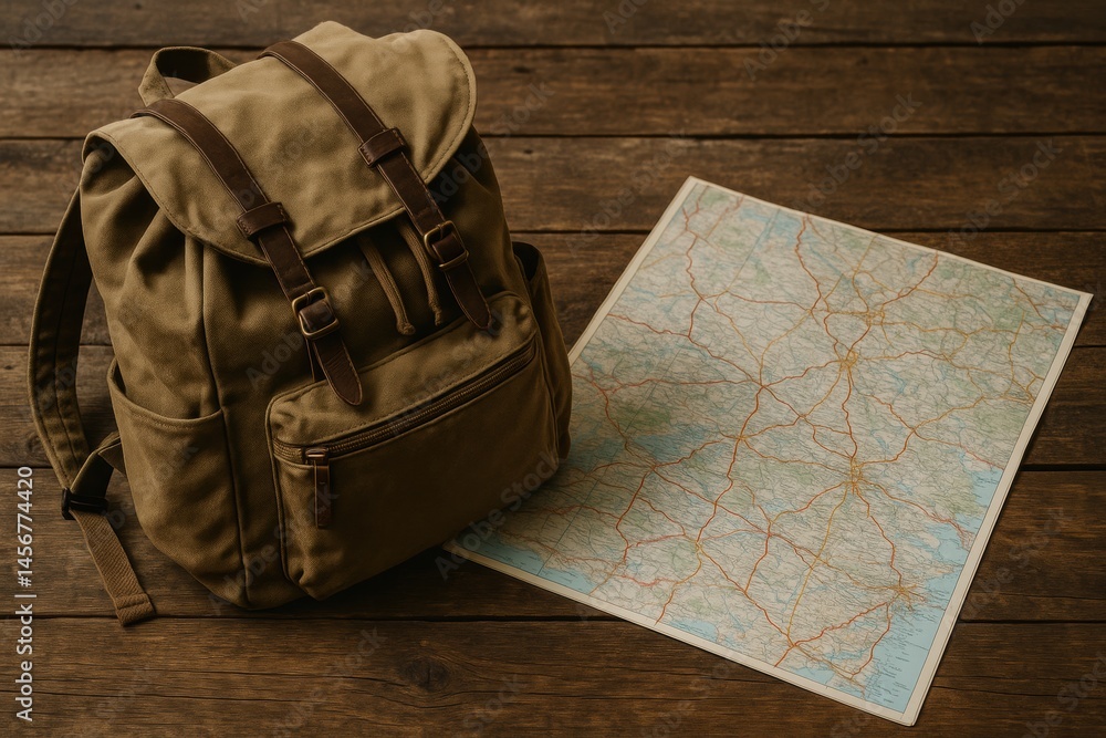 Poster Exploring Nature With a Backpack and a Detailed Map on a Rustic Wooden Surface Generative AI
