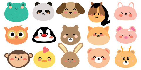 Set of cute smile face animals sit on white background, Zoo. Dog, rabbit, frog, penguin, bear, etc, hand drawn.Animal character cartoon.Kawaii