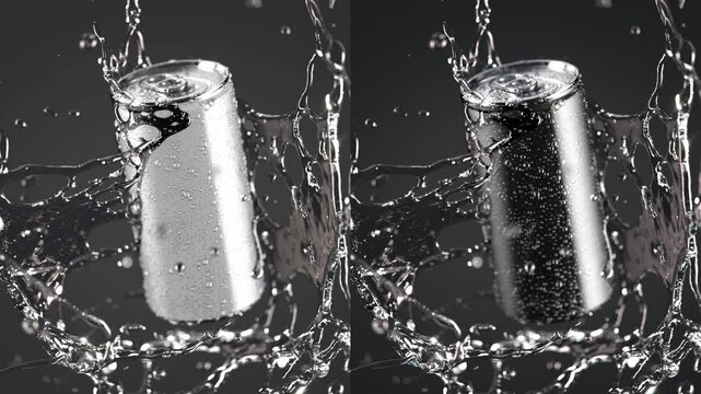 Soda can falling drink splash slow motion, depth of field