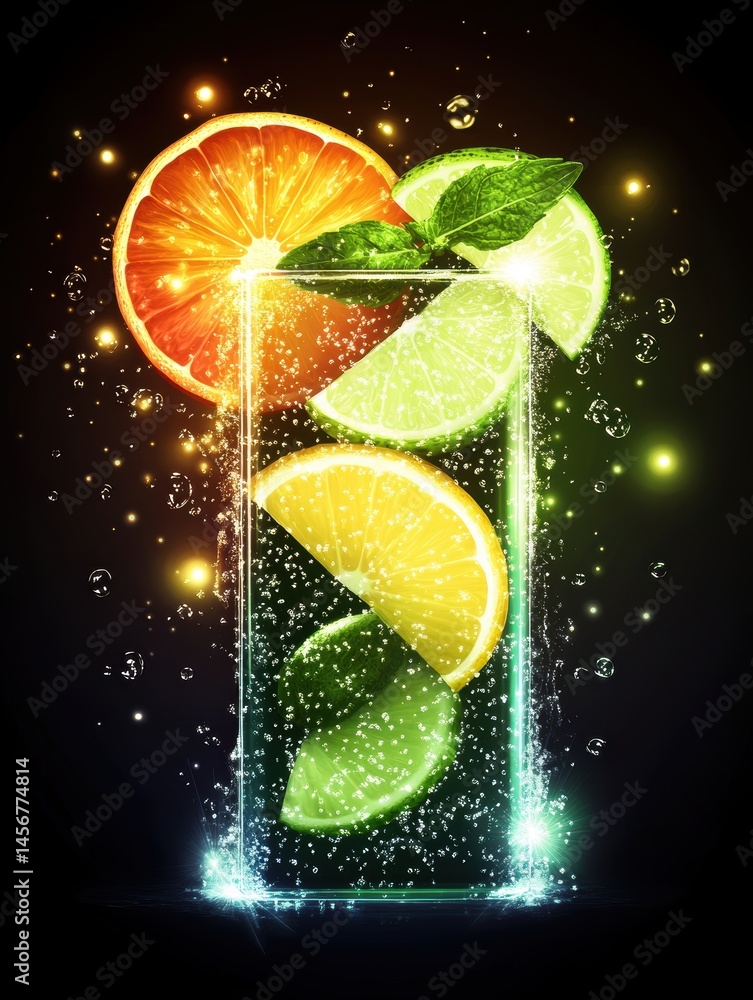 Poster refreshing citrus drink with vibrant colors and sparkling bubbles on a dark background