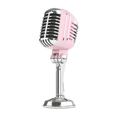 A vintage-style pink microphone on a sleek silver stand, symbolizing music, performance, and creativity in a modern context.