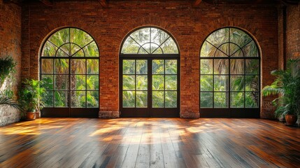 Rustic interior with arched windows overlooking lush greenery