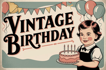 Vintage birthday celebration with retro style balloons and cake illustration