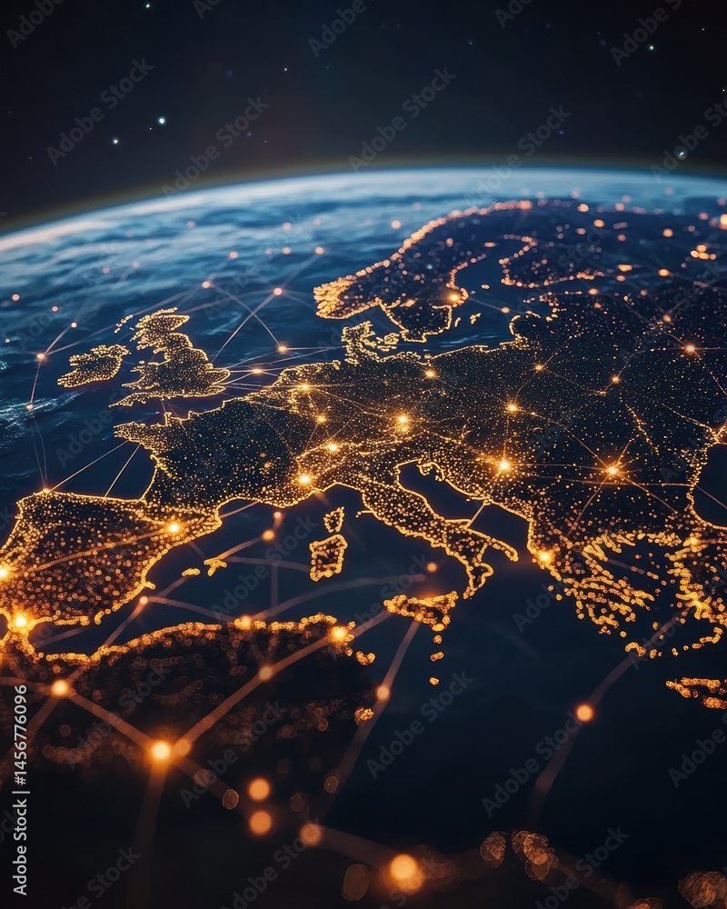 Poster europe from space network connections digital world global communication data transfer technology ov