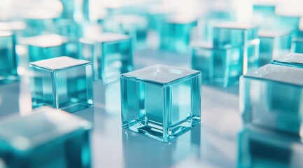 Translucent turquoise cubes arranged on a light surface.  Detailed view of multiple clear, square blocks