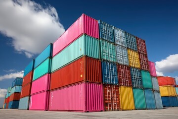 Fototapeta premium Stacked colorful shipping containers under a bright blue sky at a storage yard.