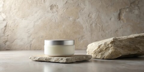 A minimalist product display featuring a jar of cream on a stone platform against a textured backdrop