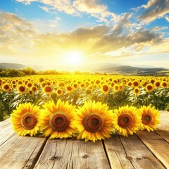 Fototapeta premium Sunflowers in Field at Sunrise on Wooden Table, Close-Up View, Summer Landscape, Golden Hour, Agriculture, Floral Beauty, Rural Scene
