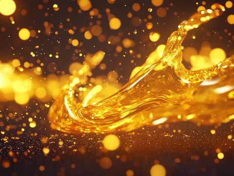 Golden liquid splash in dynamic motion abstract close up shot with bokeh light effect and glittering particles on dark background