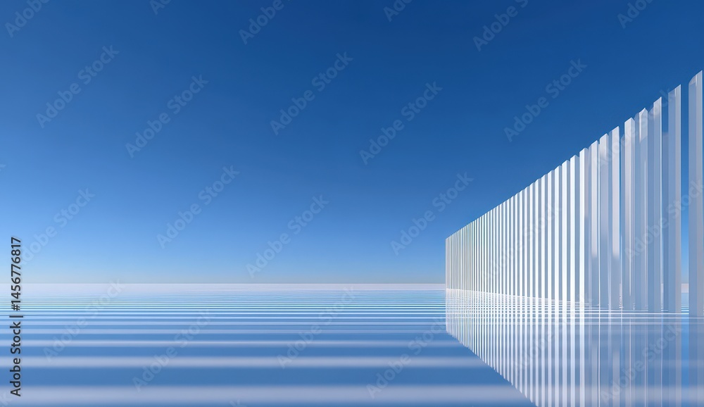 Poster minimalist architectural structure with vertical glass columns reflected on a smooth, blue surface u