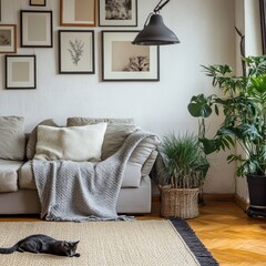 Black cat lounging on jute rug in living room with couch plants and gallery wall interior design