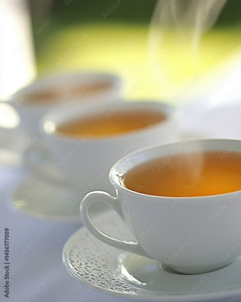 Poster elegant tea cups with steaming beverages arranged on a table in natural light setting for relaxation
