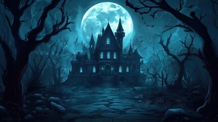 Spooky haunted house with a full moon, bare trees, and flying bats. Dark, eerie scene with a cobblestone path leading to the entrance, set against a night sky.