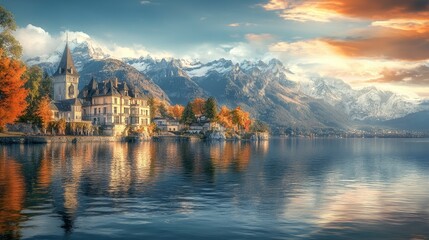 Fototapeta premium Scenic Autumn Landscape Featuring A Castle By A Lake, Mountains In The Background, And Vibrant Fall Colors.