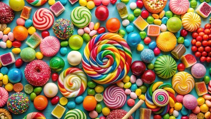 Fototapeta premium A Colorful Assortment of Sweet Treats Hard Candies, Lollipops, and Gummy Delights on a Vibrant Blue Background