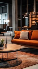 Fototapeta premium Modern Living Room Interior with Orange Sofa and Round Coffee Table in Contemporary Style Home Decor