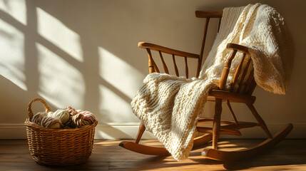 Fototapeta premium Cozy Corner: A sunlit rocking chair draped with a soft, knitted blanket, accompanied by a basket of wool, creating a serene space for relaxation and comfort. 