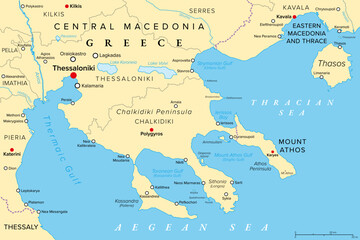 Thessaloniki and Chalkidiki, regional units of Greece, political map. Thessaloniki, 2nd-largest city in Greece, the large peninsula Chalkidiki in the Aegean Sea, and the autonomous Mount Athos region.