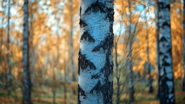 Birch Tree in Autumn Forest With Golden Leaves and White Bark Under Bright Daylight in Nature