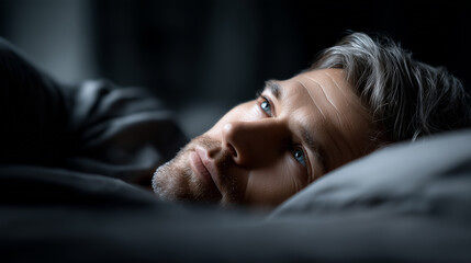 Man with gray hair lying in bed looking up in a dimly lit room scene