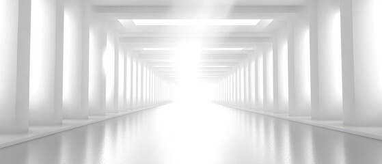 Endless White Corridor with Columns Leading to Light, Modern Architecture and Design