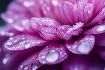 Delicate droplets resting on vibrant petals of a blooming flower near dawn's first light