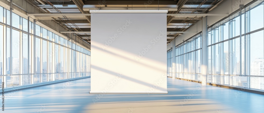 Aufkleber bright empty office space with large windows and white backdrop for presentation or advertisement, m