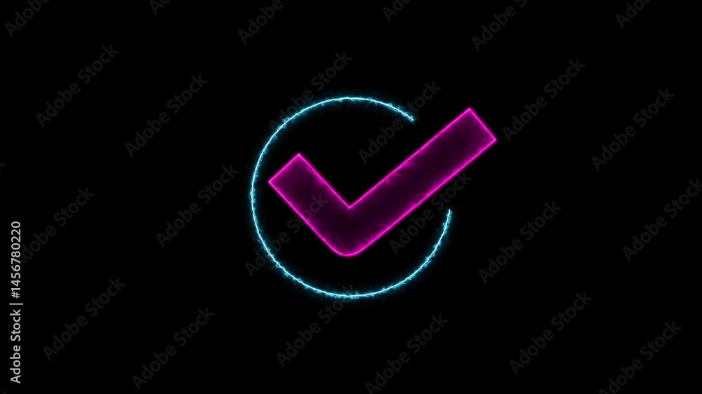 Poster check mark inside a circle animated. glowing neon line check mark icon animation. tick mark, done, c