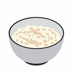 Dish with creamy food in a gray bowl, with black border, against white