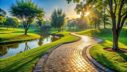Serene sunrise illuminates a gently curving stone path winding through a lush green landscape, alongside a tranquil reflecting pond, under the golden light of the morning sun.