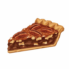 A slice of pecan pie with a golden crust, perfect for dessert. Sweet filling!