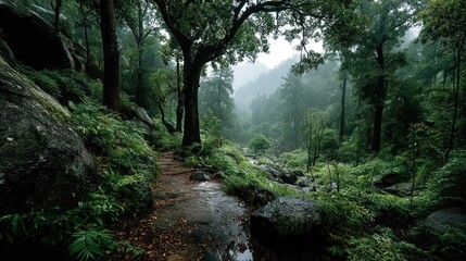 Obraz premium a lush green jungle with a lot of trees and leaves.stock image