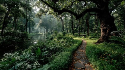 Obraz premium a lush green jungle with a lot of trees and leaves.stock photo