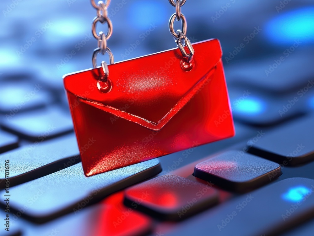 Poster red envelope keychain hanging above keyboard keys in close up digital communication concept