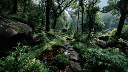 a lush green jungle with a lot of trees and plants.stock photo