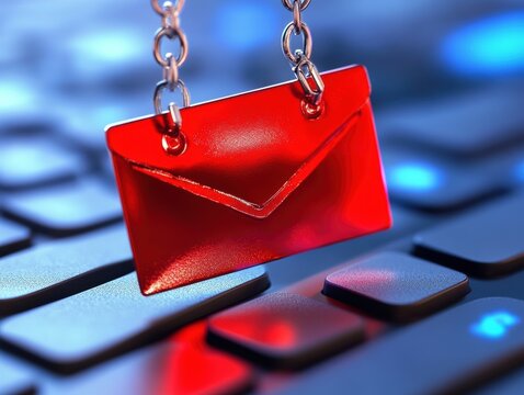 Red Envelope Keychain Hanging Above Keyboard Keys in Close Up Digital Communication Concept