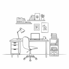 Outline of desk, shelves with books, lamp, pictures, and potted plant against a white background