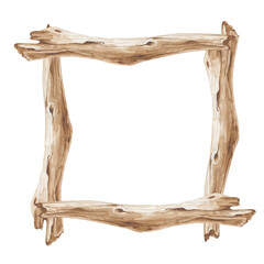A square driftwood frame on a white background is hand-drawn. Watercolor illustration of a wooden frame. Isolated. Wood texture. Empty space for insertion.