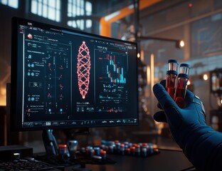 Futuristic lab scene with a hand holding test tubes in front of a computer screen displaying complex data visualizations.  A high-tech laboratory setting showcasing scientific research