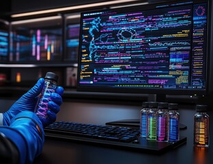 A scientist in lab gloves holds a vial containing vibrant DNA strands, while a computer monitor displays complex genetic code and data visualizations. 