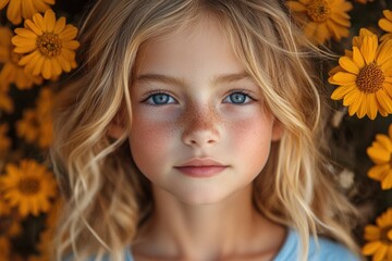 Fototapeta premium Golden sunflowers frame a serene girl with captivating blue eyes and gentle freckles