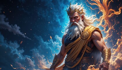 Powerful, elderly figure in vibrant, mythological artwork.