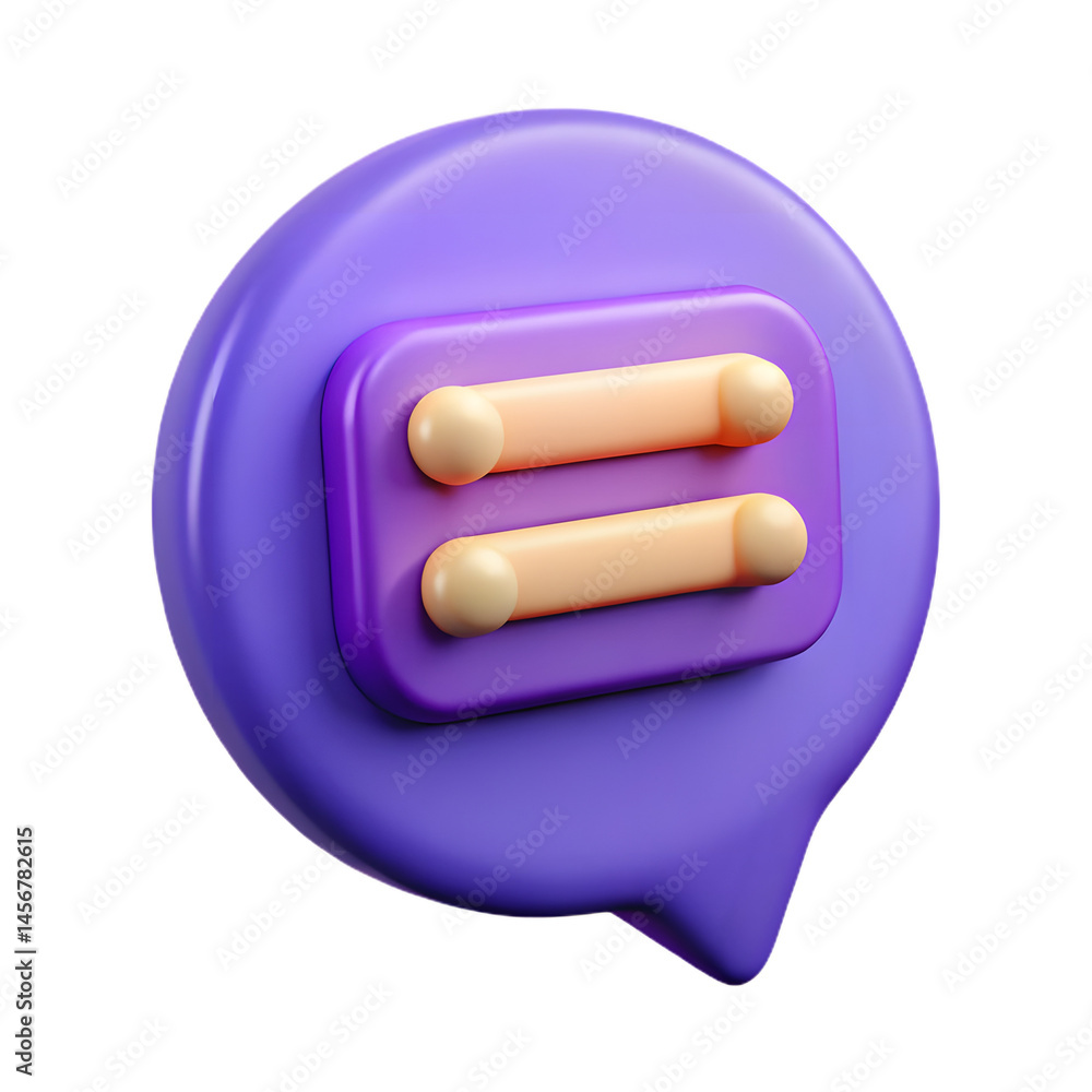 Poster 3d render of a purple speech bubble icon featuring two parallel peach-colored cylinders inside, repr
