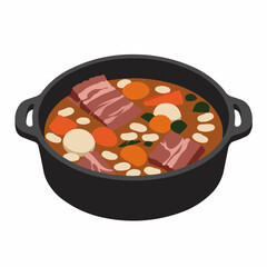 Stew in cast iron, filled with meat, carrots, beans, turnips, and green herbs