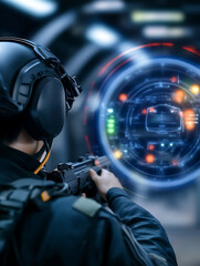 Armed soldier with a futuristic targeting system focused gaze aiming down the sight amidst an urban environment.