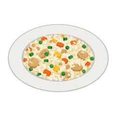 Plate with rice. Peas, carrots, mushrooms, and yellow cubes mix well