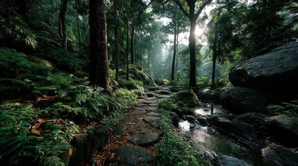 Naklejka premium a lush green jungle with sunlight shining through the trees.stock image