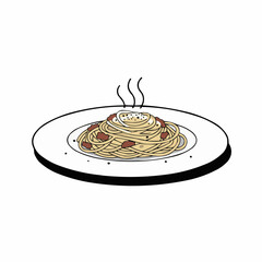 Delicious steaming pasta twirled on plate, topped with sauce and pepper, cartoon style