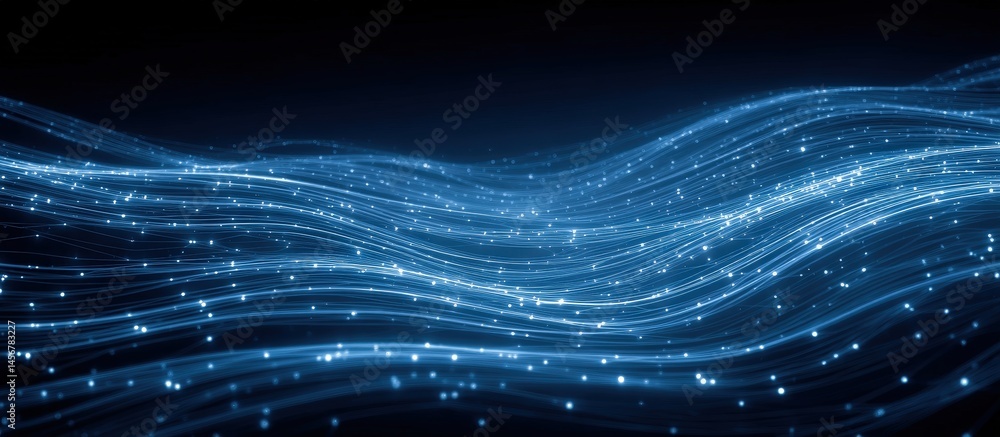 Poster flowing blue digital light lines form dynamic waves on a dark background, evoking concepts of data, 