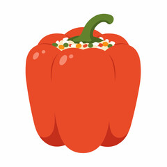 Cartoon style red bell pepper cut open and stuffed with vegetables